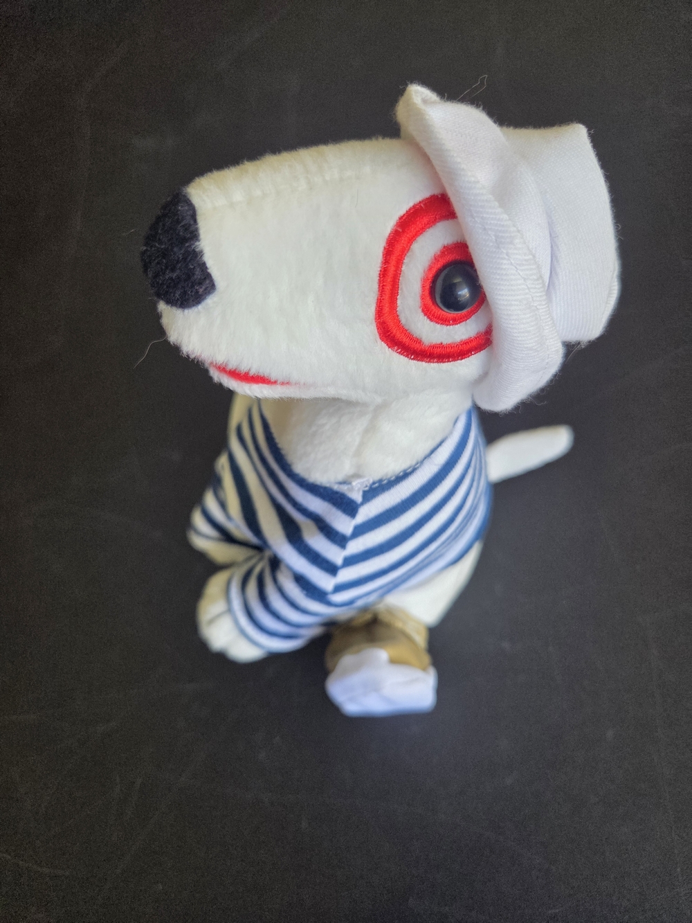 Target White French Sailor Dog Plush with Blue Stripes and Red Eye Detail
